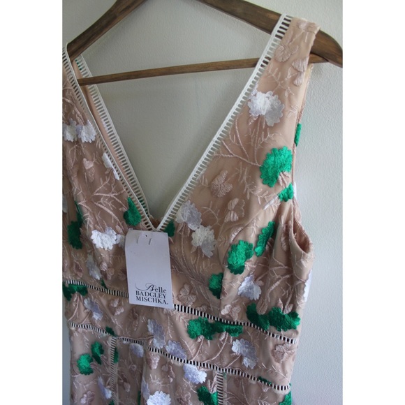 Badgley Mischka NWT Dalia Dress with Taupe Green and White Embroidery 10 - Picture 3 of 8